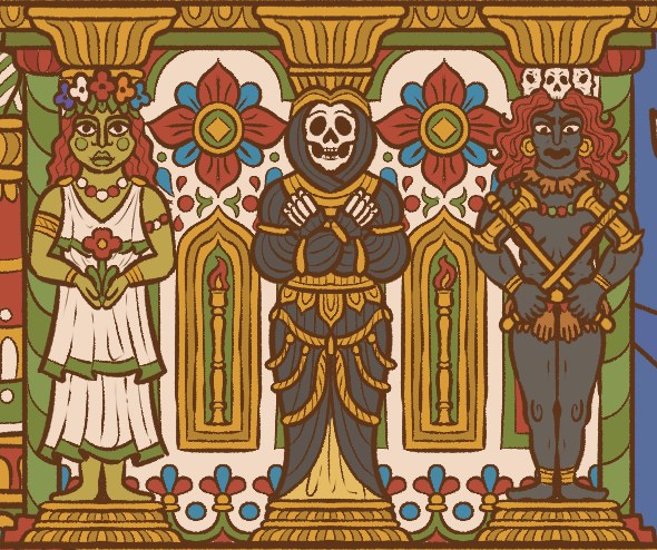 Detail from the Nochet Grace Temple murals, from Martin Helsdon's Periplus of Southern Genertela, art by Katrin Dirim